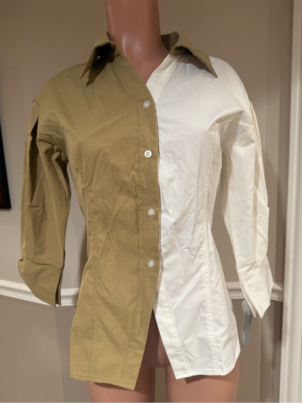 Gracia Two-Tone Olive Green and White Button-Up Blazer Shirt